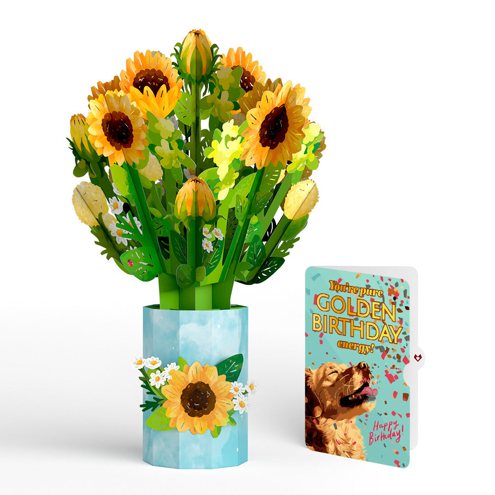 Sunflower Blooms Birthday Bouquet and Golden Energy Sentiment Set