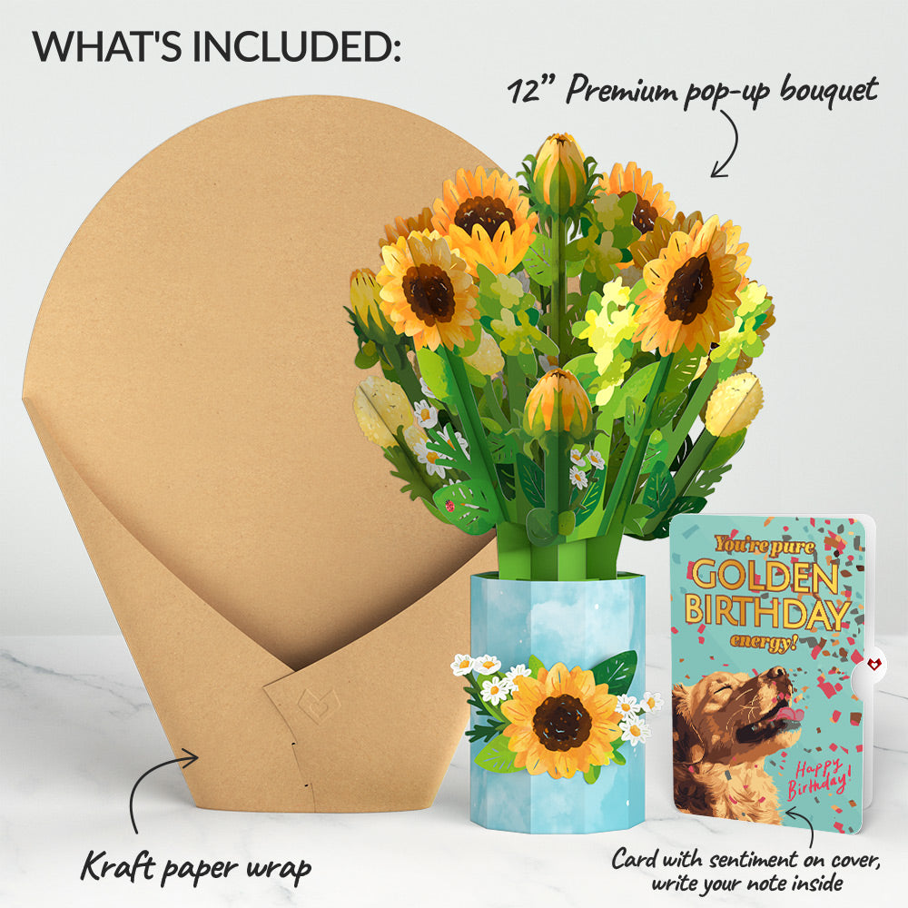 Sunflower Blooms Birthday Bouquet and Golden Energy Sentiment Set