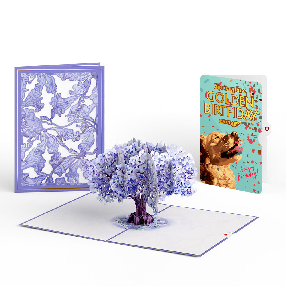 Watercolor Jacaranda Tree Birthday Pop-Up Card and Golden Energy Sentiment Set