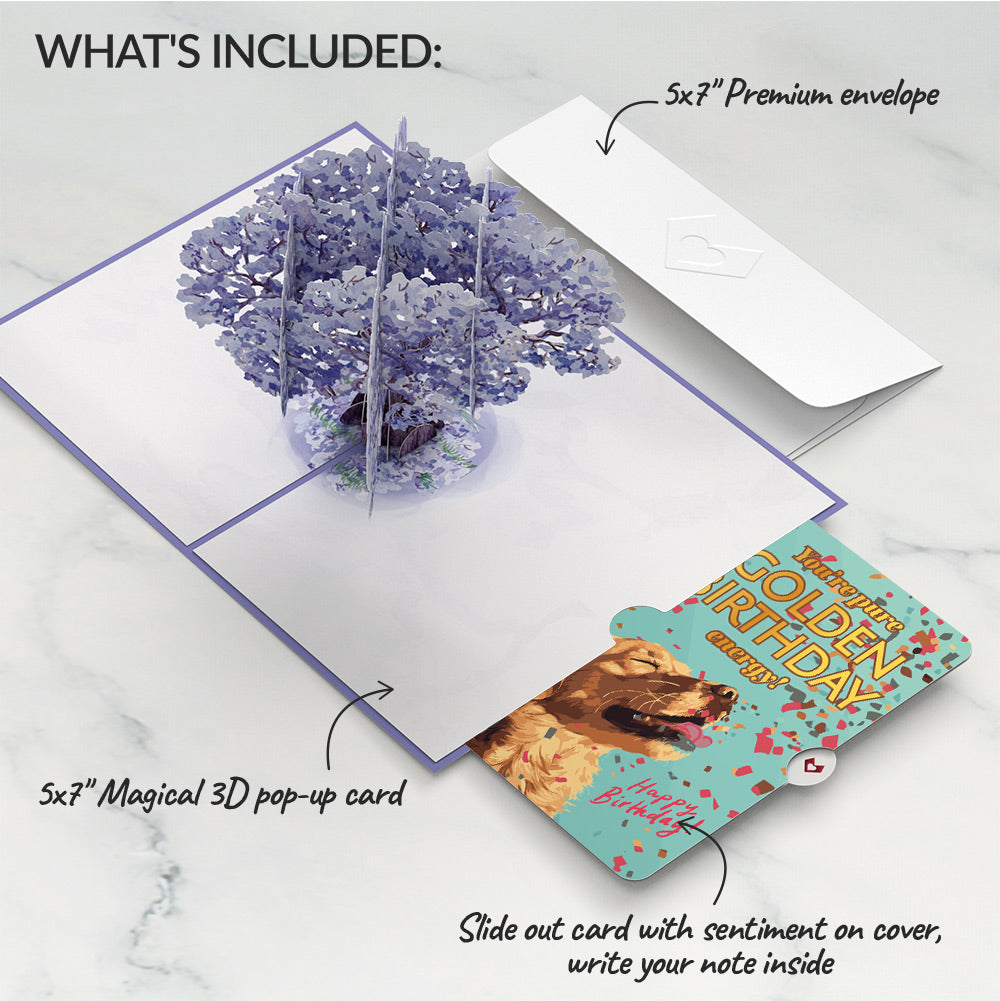 Watercolor Jacaranda Tree Birthday Pop-Up Card and Golden Energy Sentiment Set