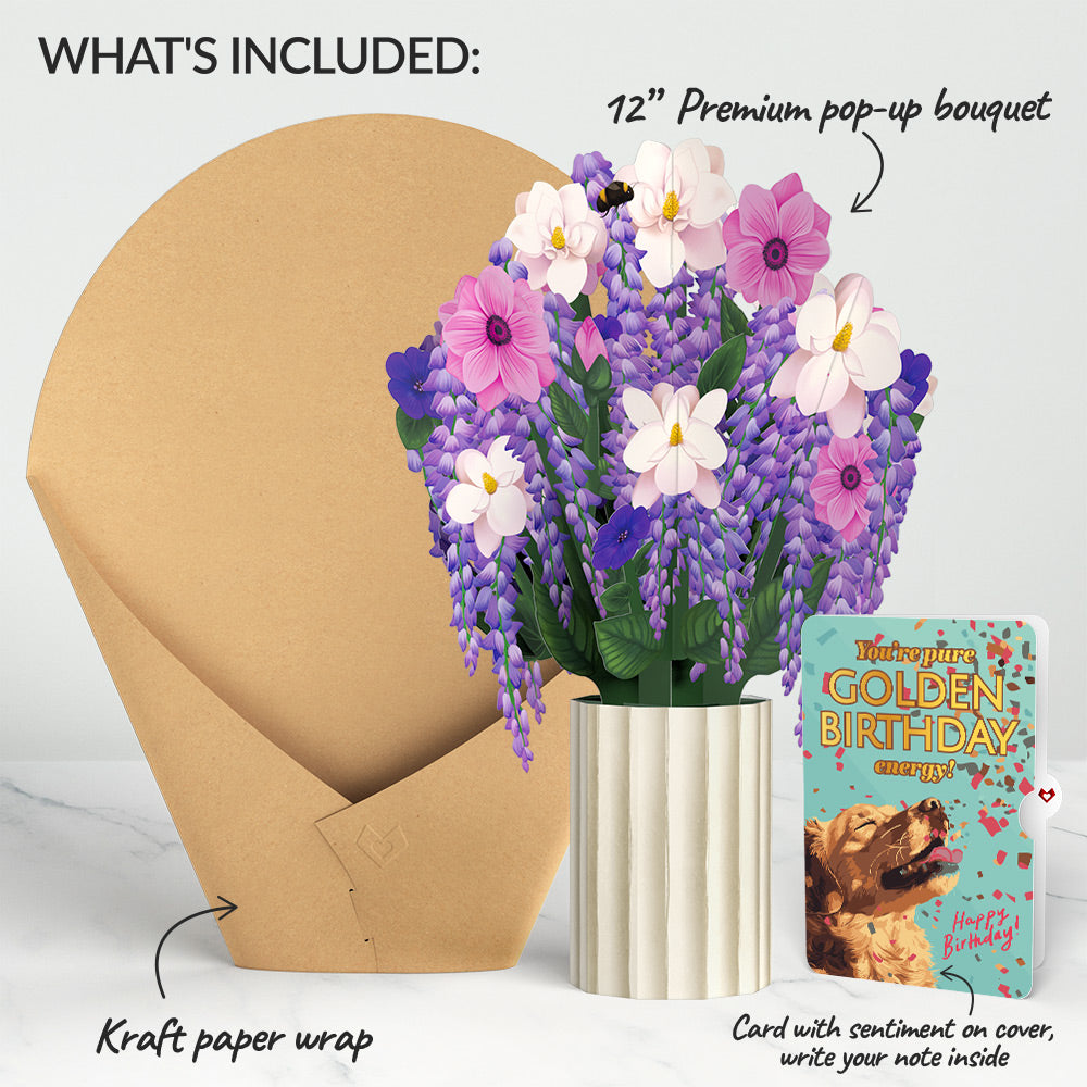 Wisteria Birthday Bouquet and Golden Energy Sentiment Set