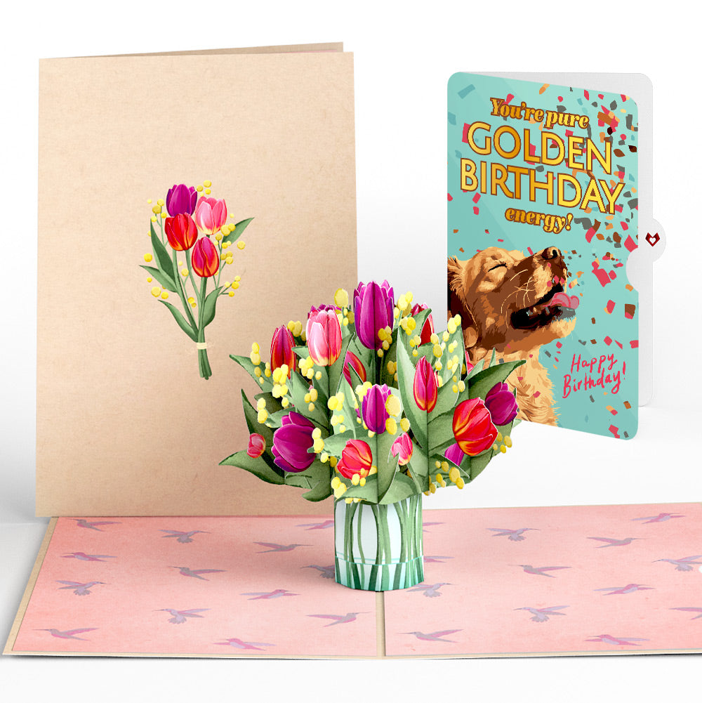 Cheerful Tulips Birthday Pop-Up Card and Golden Energy Sentiment Set
