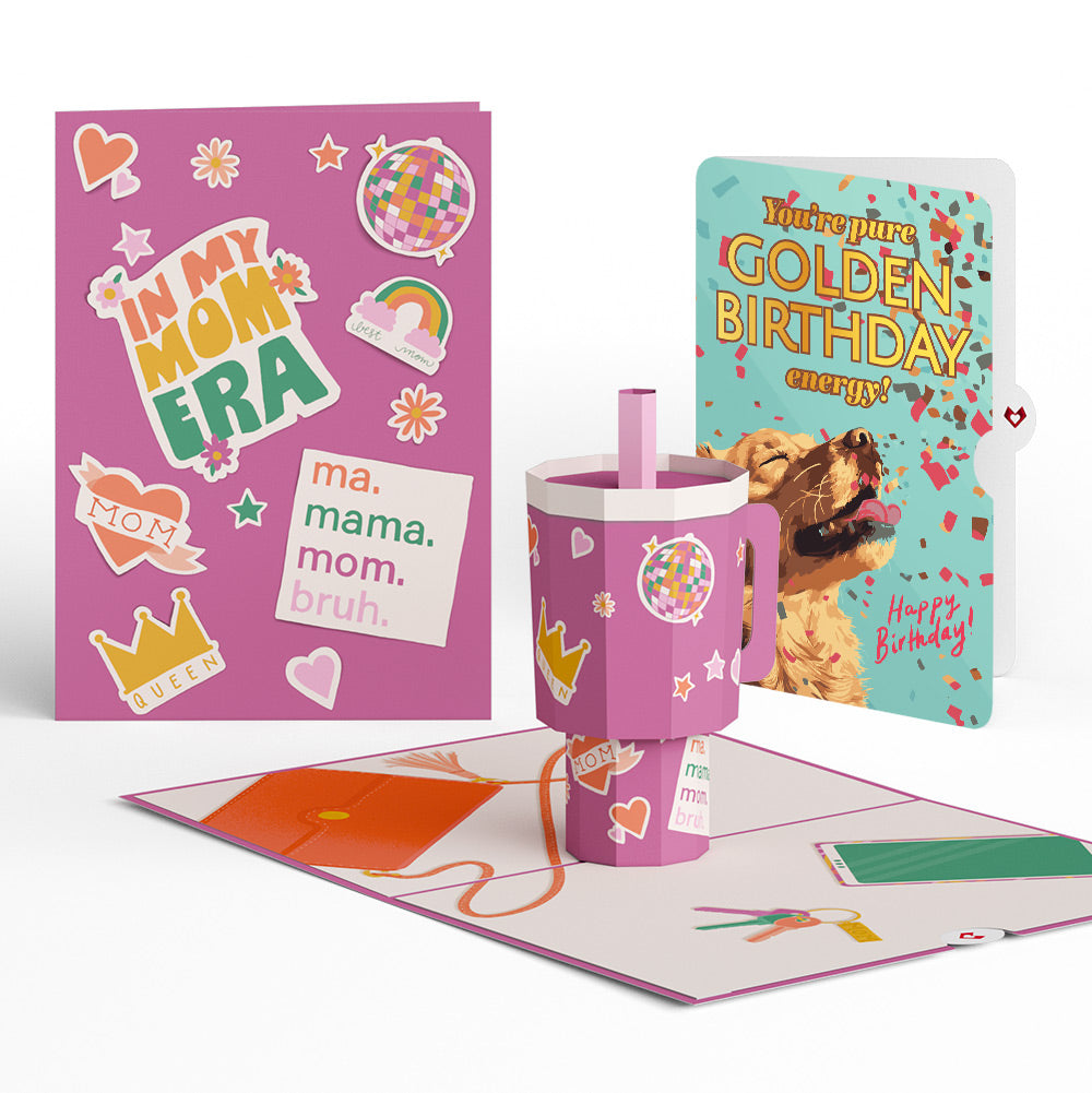 Mom Era Tumbler Birthday Pop-Up Card and Golden Energy Sentiment Set