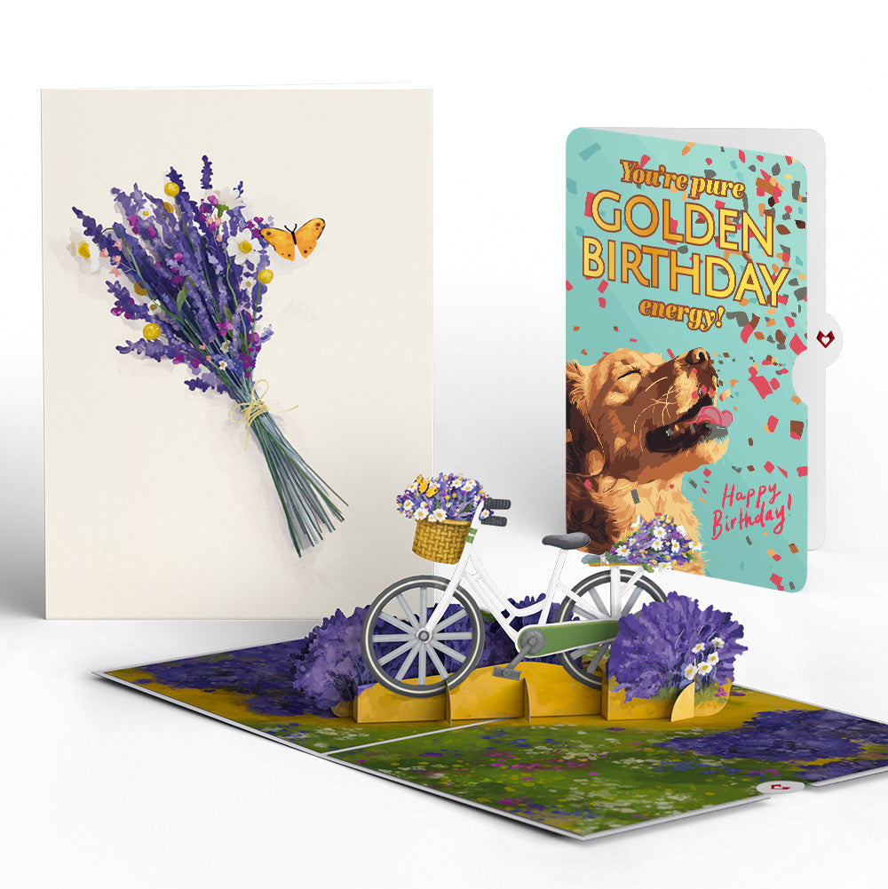 Lavender Bicycle Birthday Pop-Up Card and Golden Energy Sentiment Set