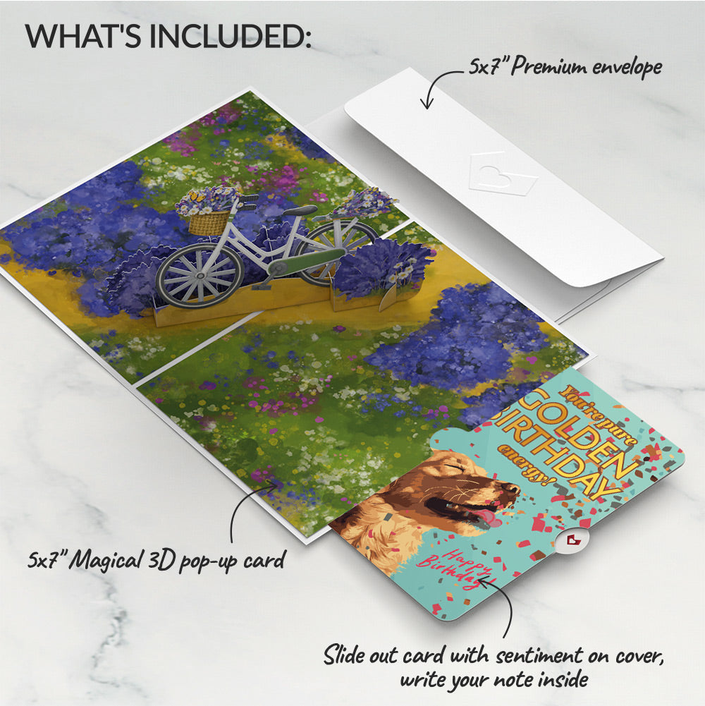 Lavender Bicycle Birthday Pop-Up Card and Golden Energy Sentiment Set