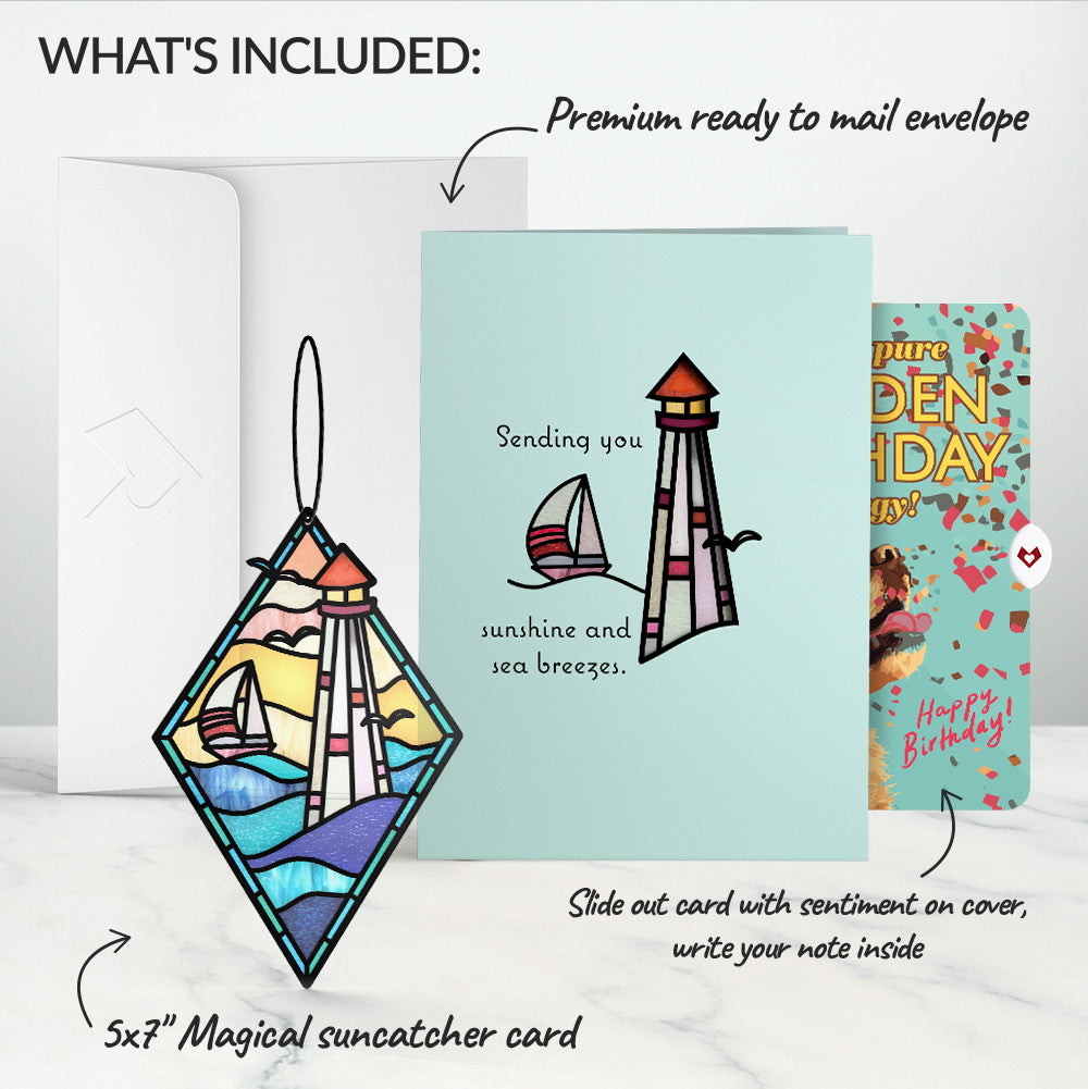 Sunshine and Sea Breezes Lighthouse Birthday Suncatcher Card and Golden Energy Sentiment Set