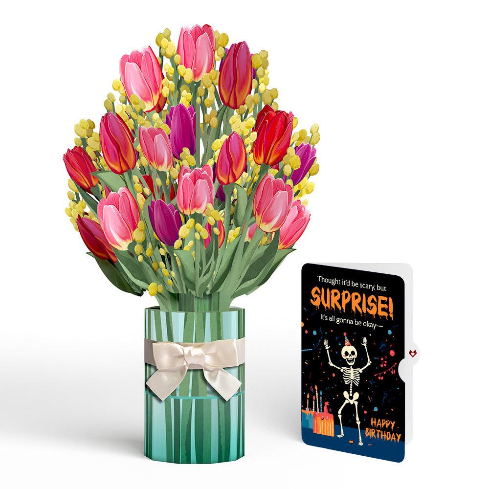 Cheerful Tulips Birthday Bouquet and Surprise Skeleton Sentiment Set