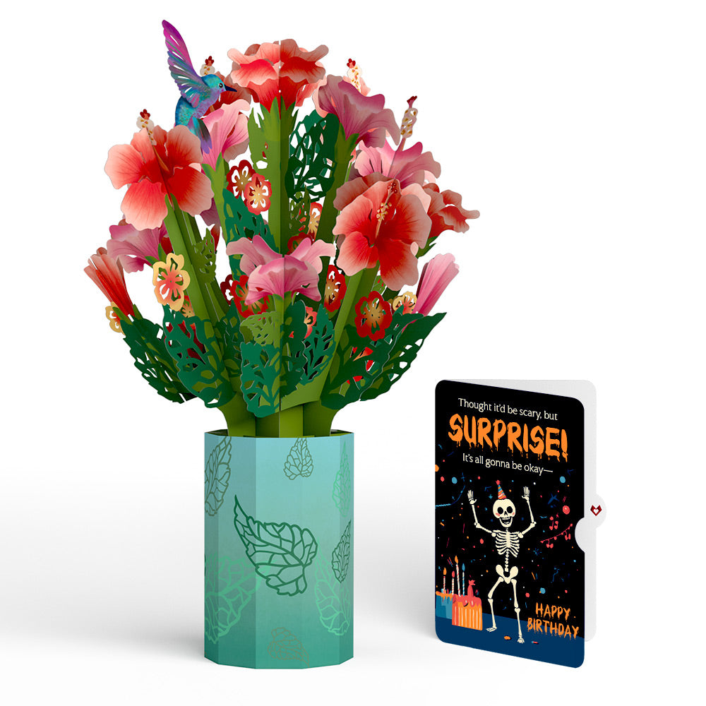 Hibiscus Birthday Bouquet and Surprise Skeleton Sentiment Set