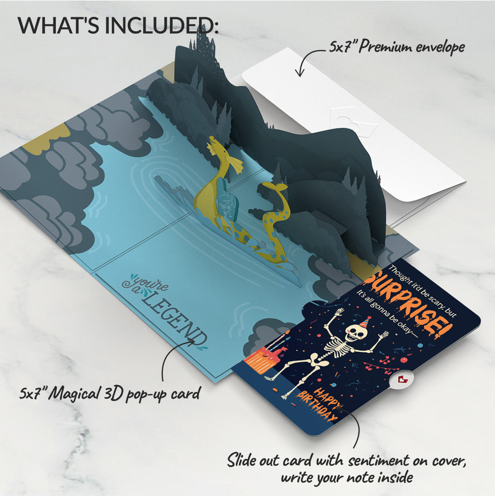 Dad You're a Legend Loch Ness Monster Birthday Pop-Up Card and Surprise Skeleton Sentiment Set