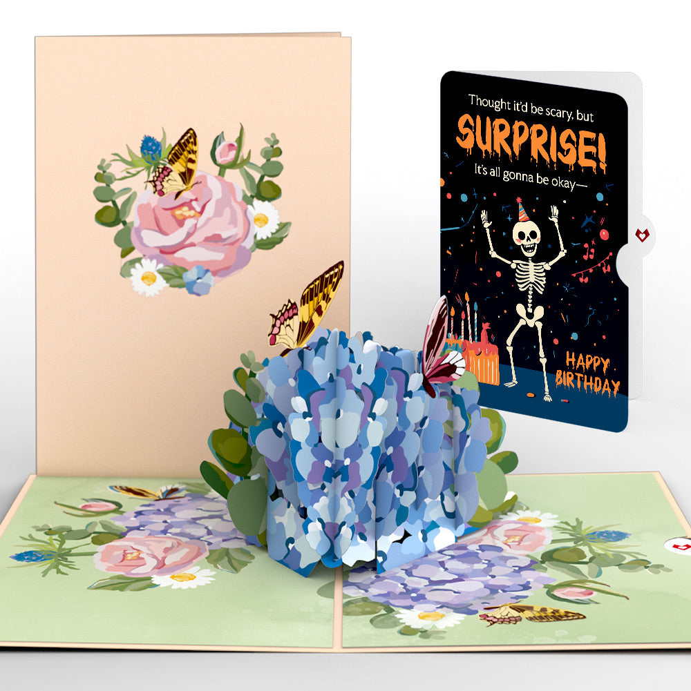 Hydrangea Butterflies Birthday Pop-Up Card and Surprise Skeleton Sentiment Set