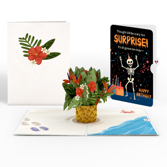 Tropical Flower Basket Birthday Pop-Up Card and Surprise Skeleton Sentiment Set
