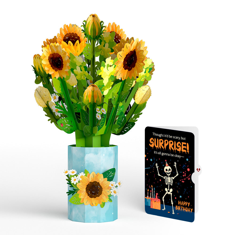 Sunflower Blooms Birthday Bouquet and Surprise Skeleton Sentiment Set
