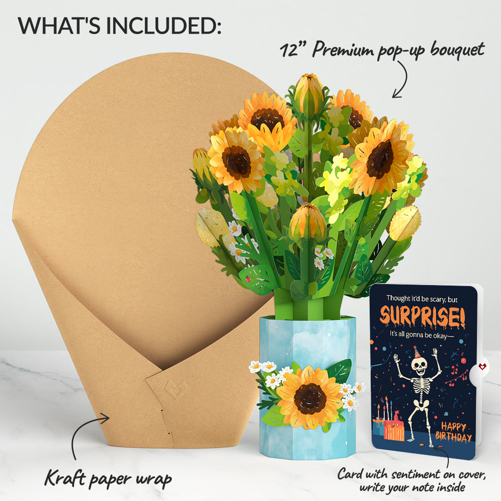 Sunflower Blooms Birthday Bouquet and Surprise Skeleton Sentiment Set