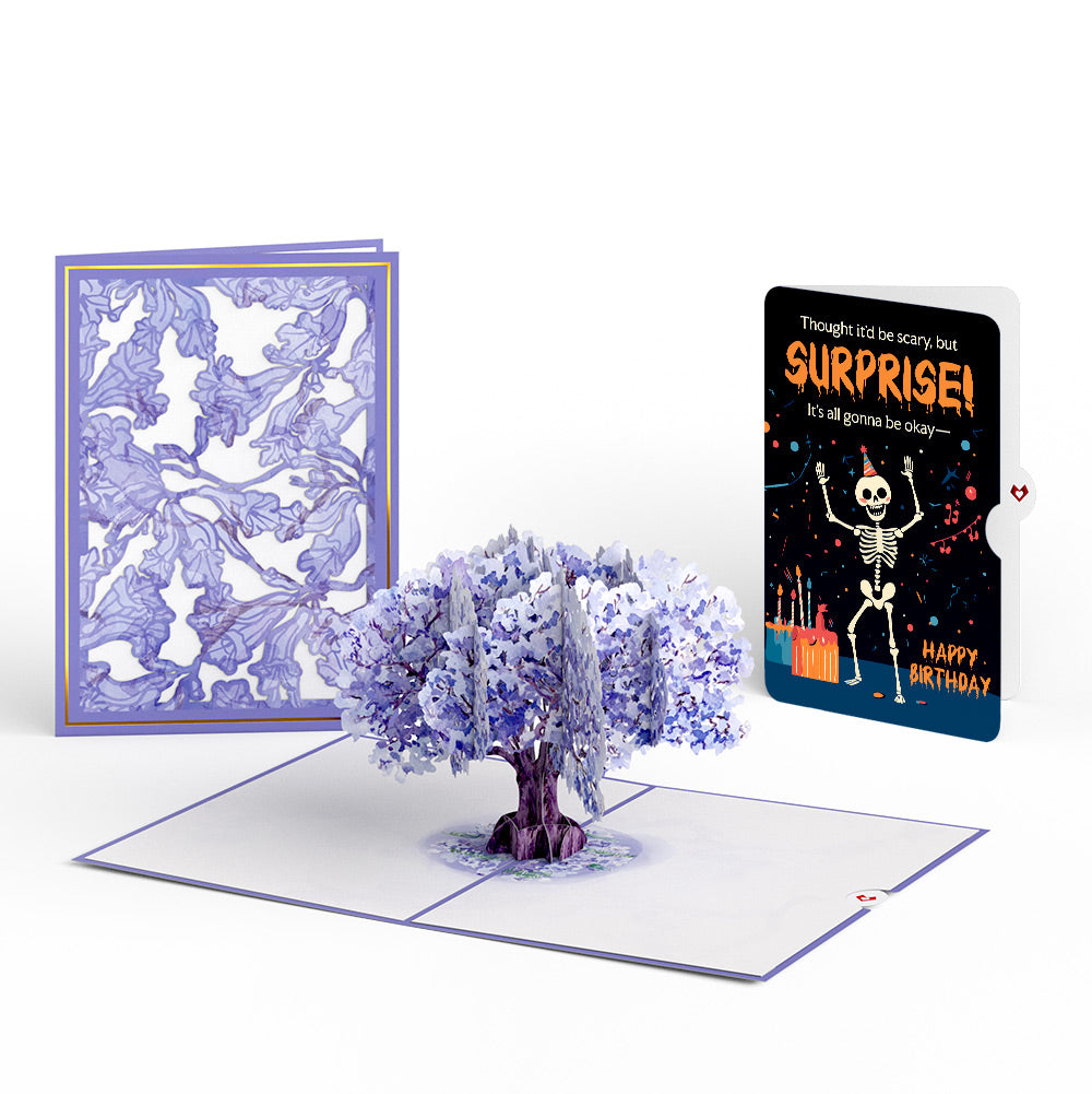 Watercolor Jacaranda Tree Birthday Pop-Up Card and Surprise Skeleton Sentiment Set