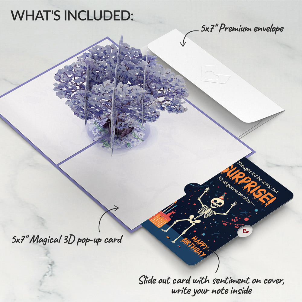 Watercolor Jacaranda Tree Birthday Pop-Up Card and Surprise Skeleton Sentiment Set