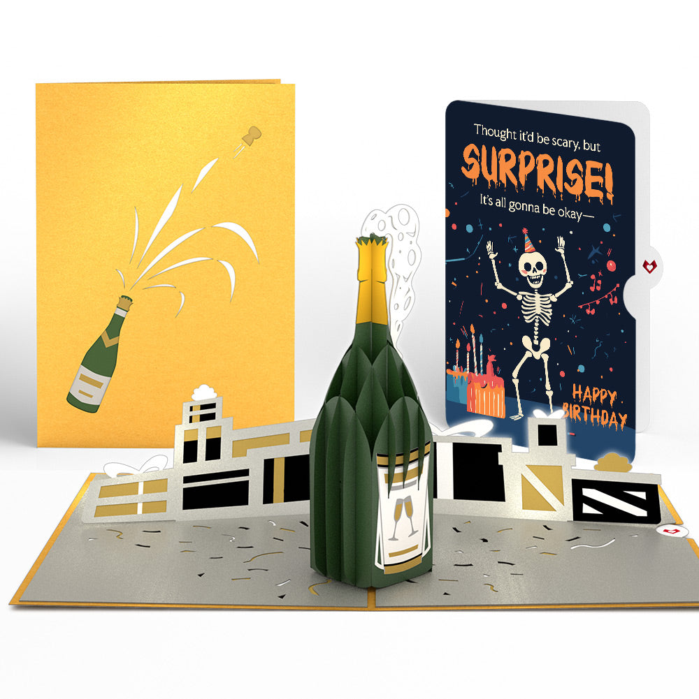 Champagne Celebration Birthday Pop-Up Card and Surprise Skeleton Sentiment Set