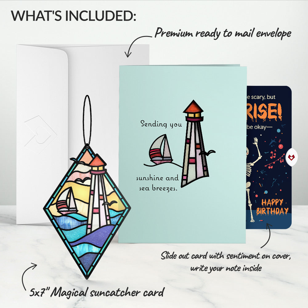 Sunshine and Sea Breezes Lighthouse Birthday Suncatcher Card and Surprise Skeleton Sentiment Set