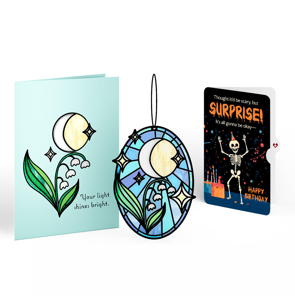 Shine Bright Twilight Bloom Birthday Suncatcher Card and Surprise Skeleton Sentiment Set
