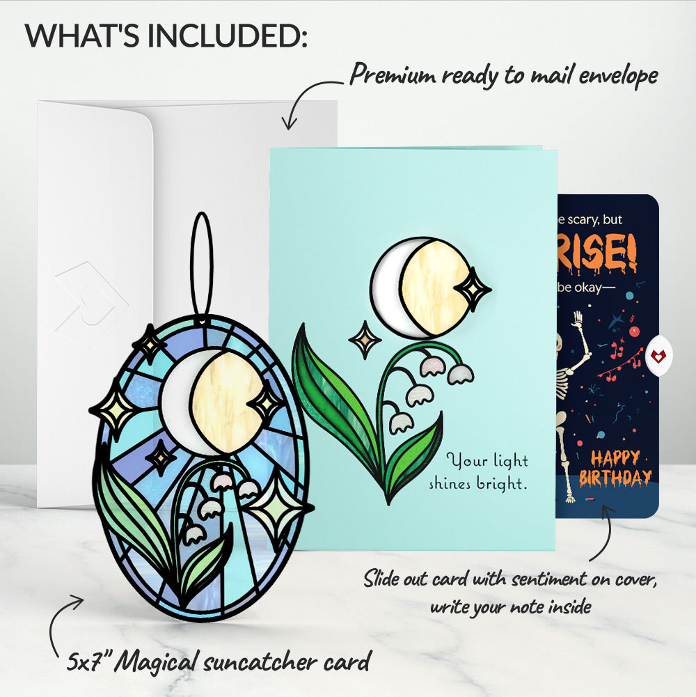 Shine Bright Twilight Bloom Birthday Suncatcher Card and Surprise Skeleton Sentiment Set