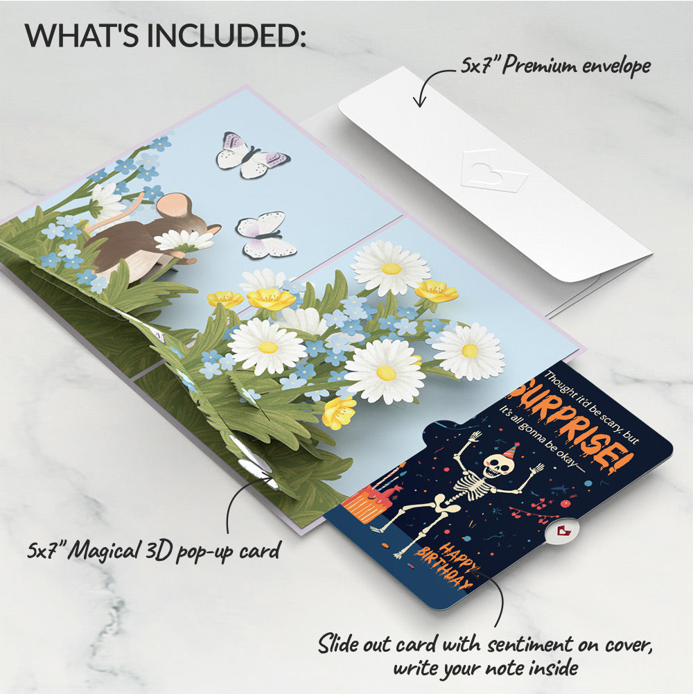 Field Mouse in the Flowers Birthday Pop-Up Card and Surprise Skeleton Sentiment Set