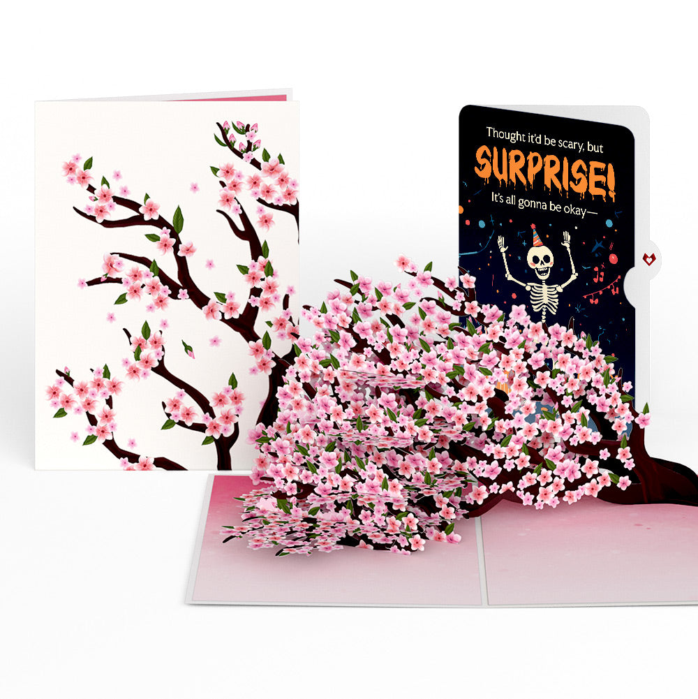 Cherry Blossom Branches in Bloom Birthday Pop-Up Card and Surprise Skeleton Sentiment Set