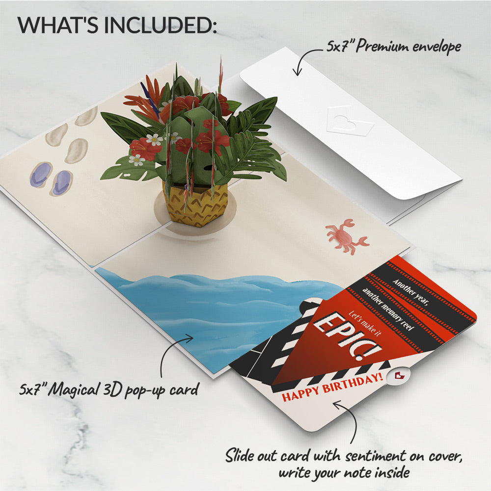 Tropical Flower Basket Birthday Pop-Up Card and Epic Reel Sentiment Set