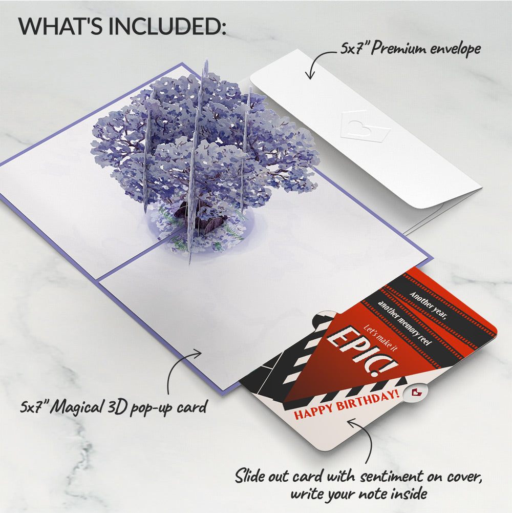 Watercolor Jacaranda Tree Birthday Pop-Up Card and Epic Reel Sentiment Set