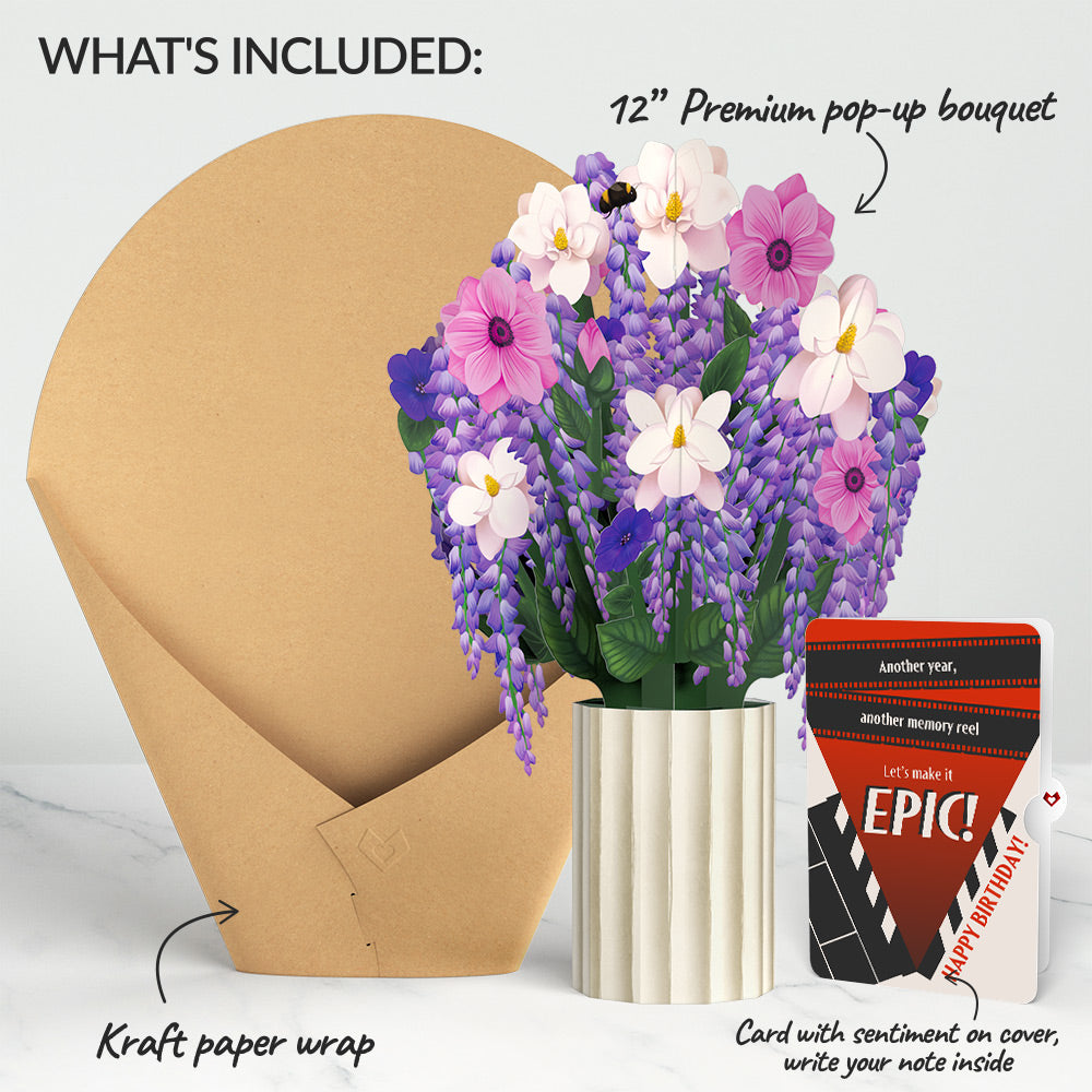 Wisteria Birthday Bouquet and Epic Reel Sentiment Set