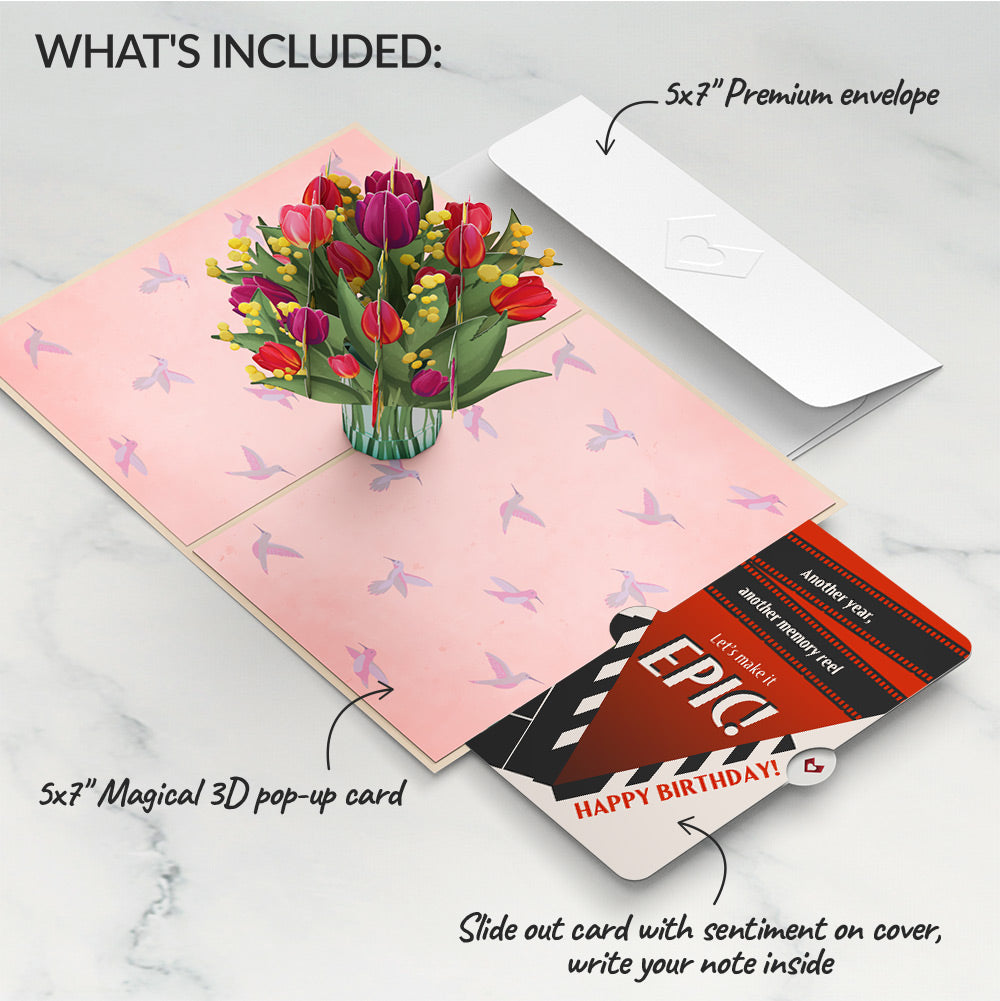 Cheerful Tulips Birthday Pop-Up Card and Epic Reel Sentiment Set