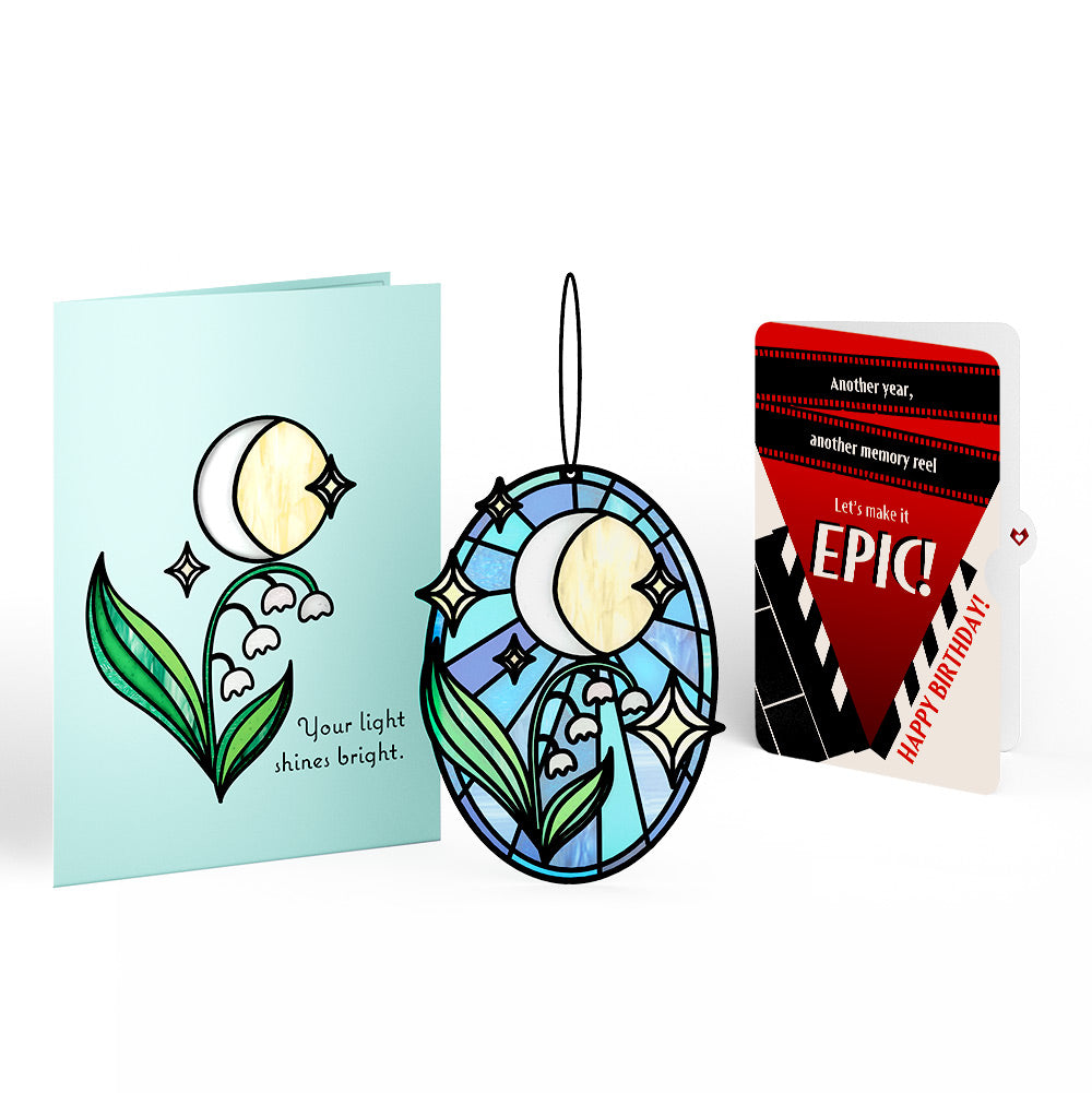 Shine Bright Twilight Bloom Birthday Suncatcher Card and Epic Reel Sentiment Set