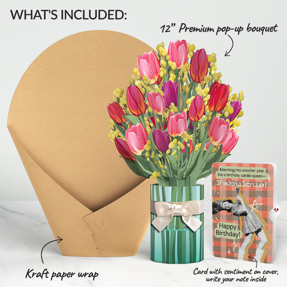 Cheerful Tulips Birthday Bouquet and Cardio Queen Sentiment Set