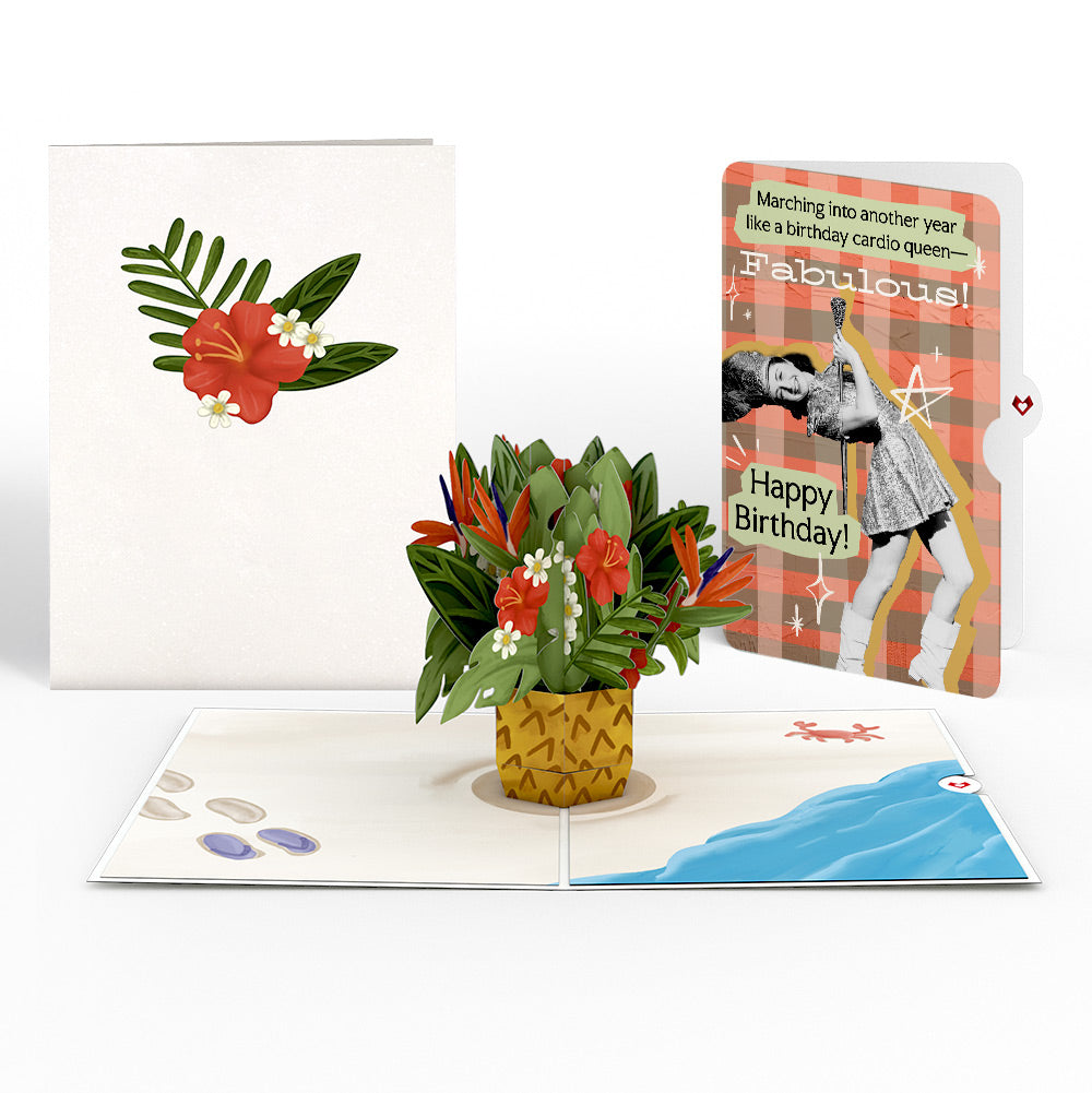 Tropical Flower Basket Birthday Pop-Up Card and Cardio Queen Sentiment Set