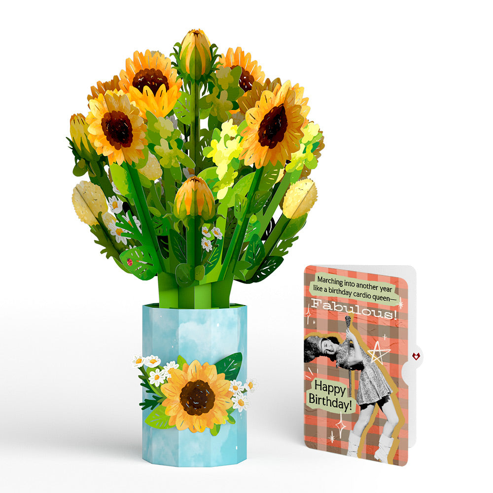 Sunflower Blooms Birthday Bouquet and Cardio Queen Sentiment Set