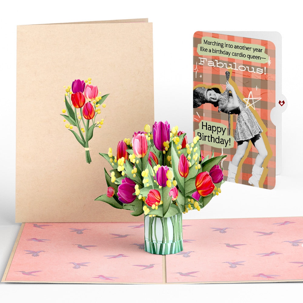 Cheerful Tulips Birthday Pop-Up Card and Cardio Queen Sentiment Set