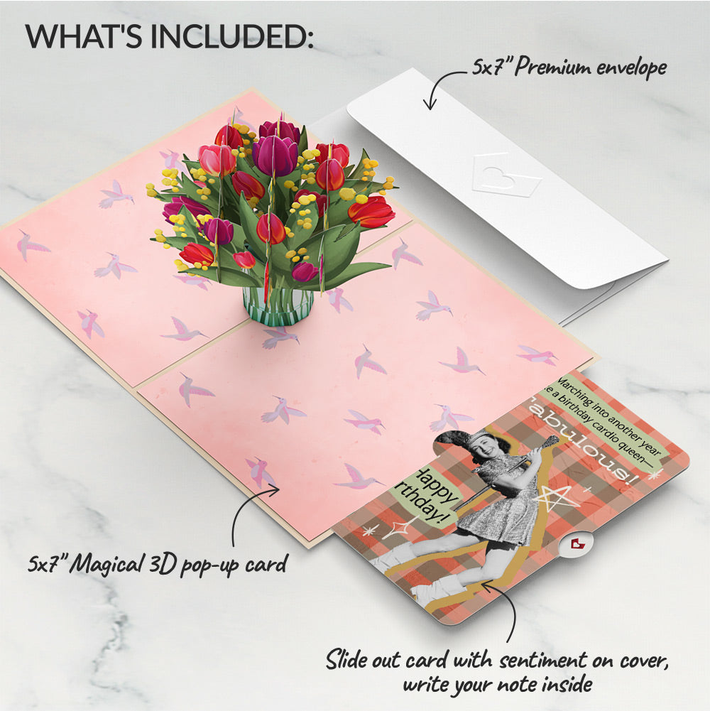 Cheerful Tulips Birthday Pop-Up Card and Cardio Queen Sentiment Set