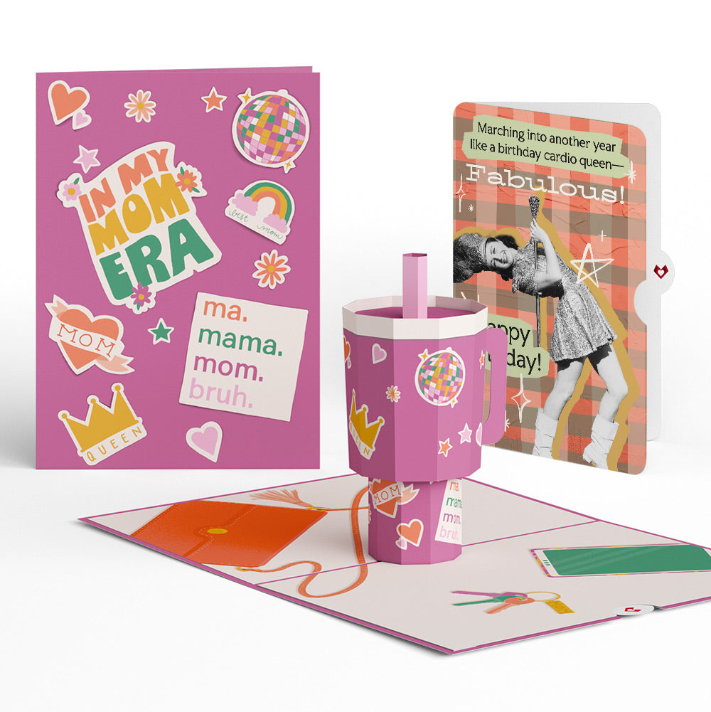 Mom Era Tumbler Birthday Pop-Up Card and Cardio Queen Sentiment Set