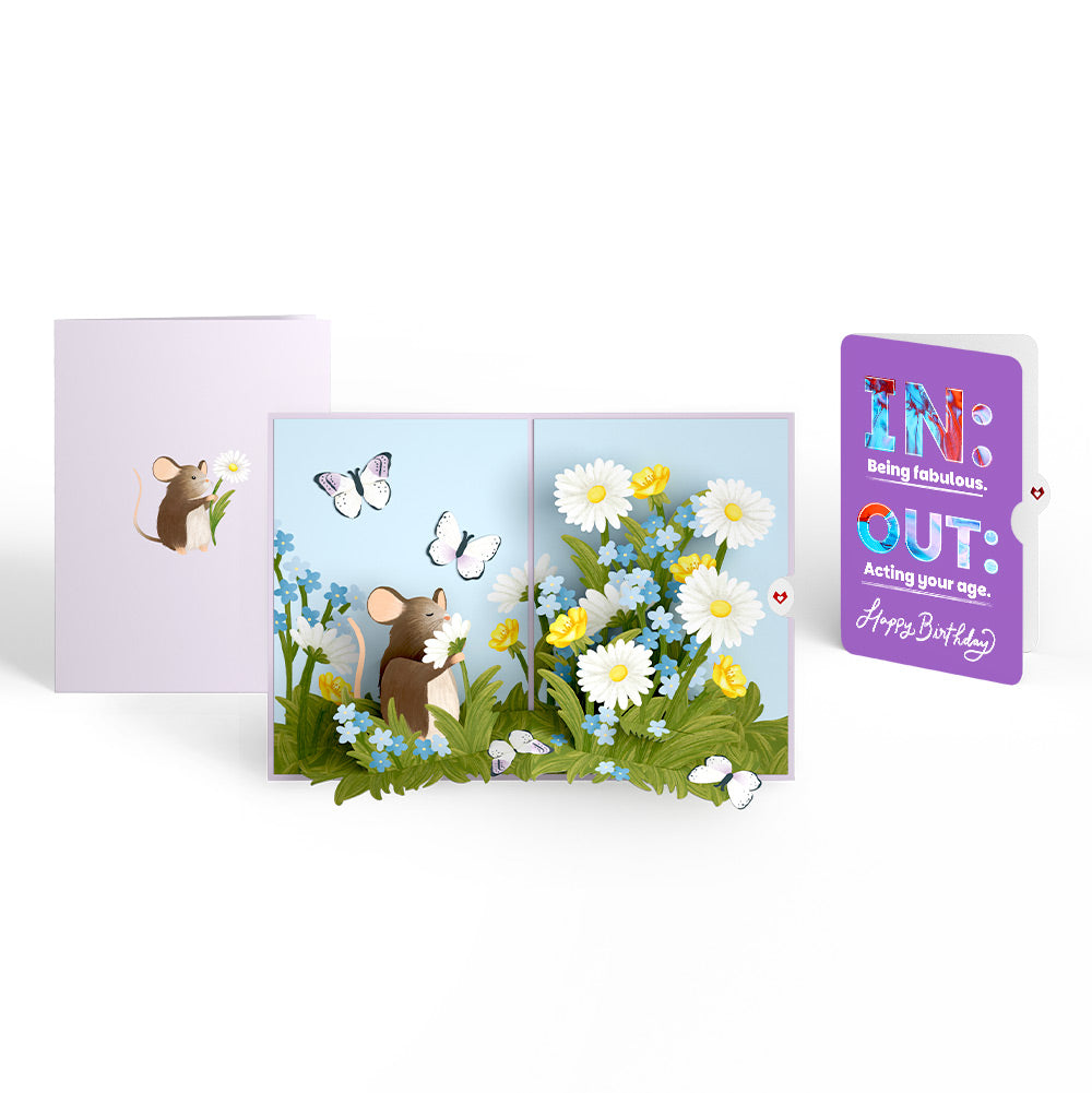 Field Mouse in the Flowers Birthday Pop-Up Card and IN & OUT Sentiment Set
