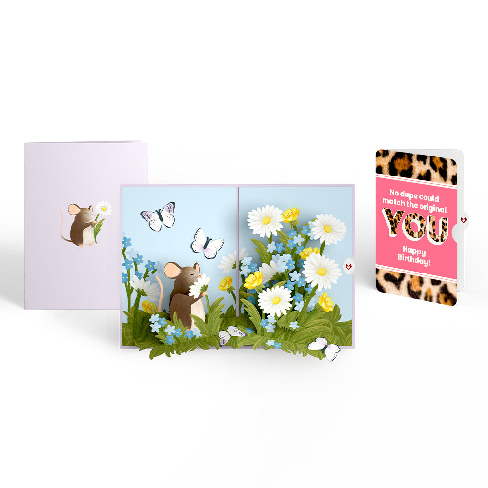 Field Mouse in the Flowers Birthday Pop-Up Card and The original YOU Sentiment Set