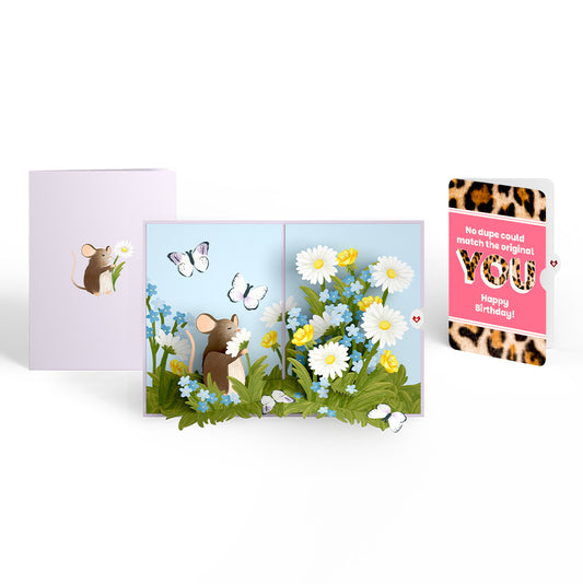 Field Mouse in the Flowers Birthday Pop-Up Card and The original YOU Sentiment Set