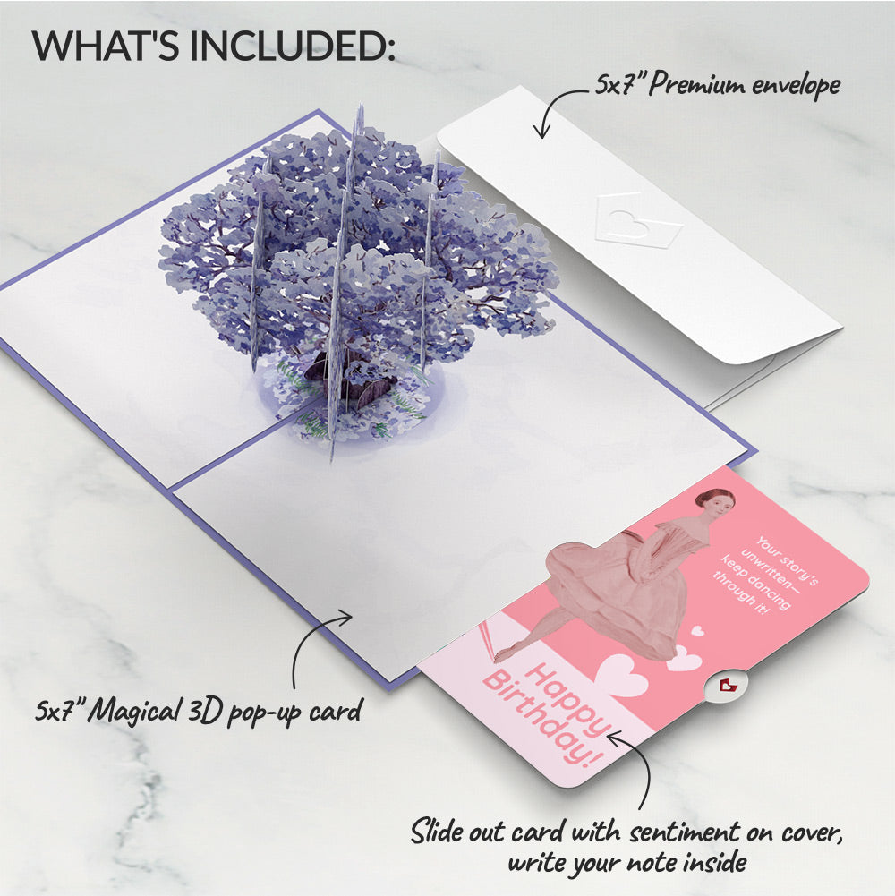 Watercolor Jacaranda Tree Birthday Pop-Up Card and Dancing Through Life Sentiment Set