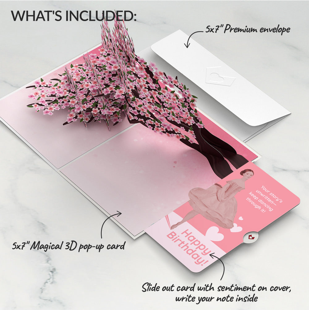 Cherry Blossom Branches in Bloom Birthday Pop-Up Card and Dancing Through Life Sentiment Set