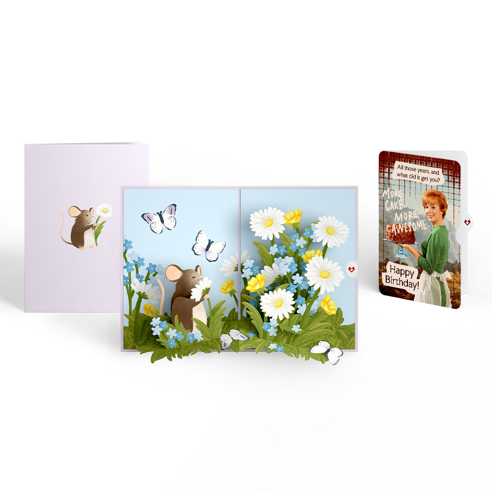Field Mouse in the Flowers Birthday Pop-Up Card and More Cake More Awesome Sentiment Set