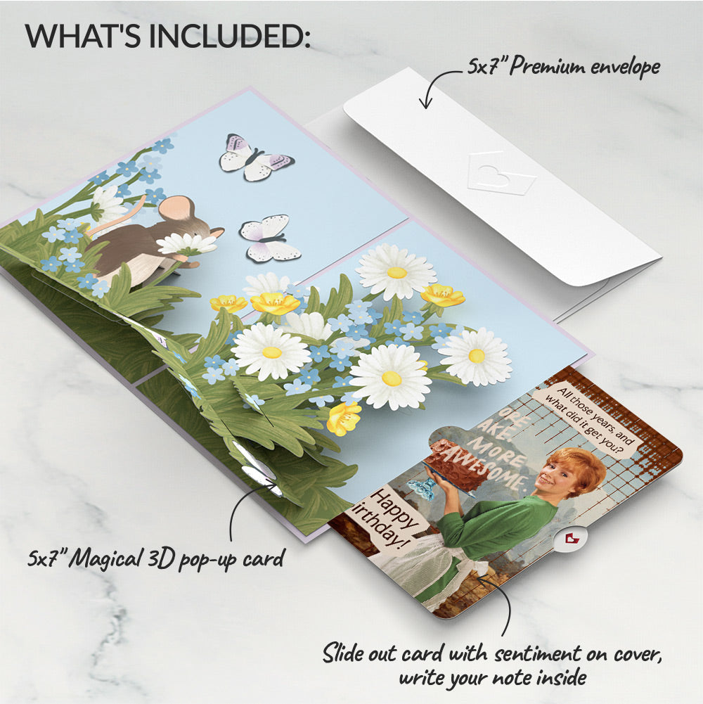 Field Mouse in the Flowers Birthday Pop-Up Card and More Cake More Awesome Sentiment Set