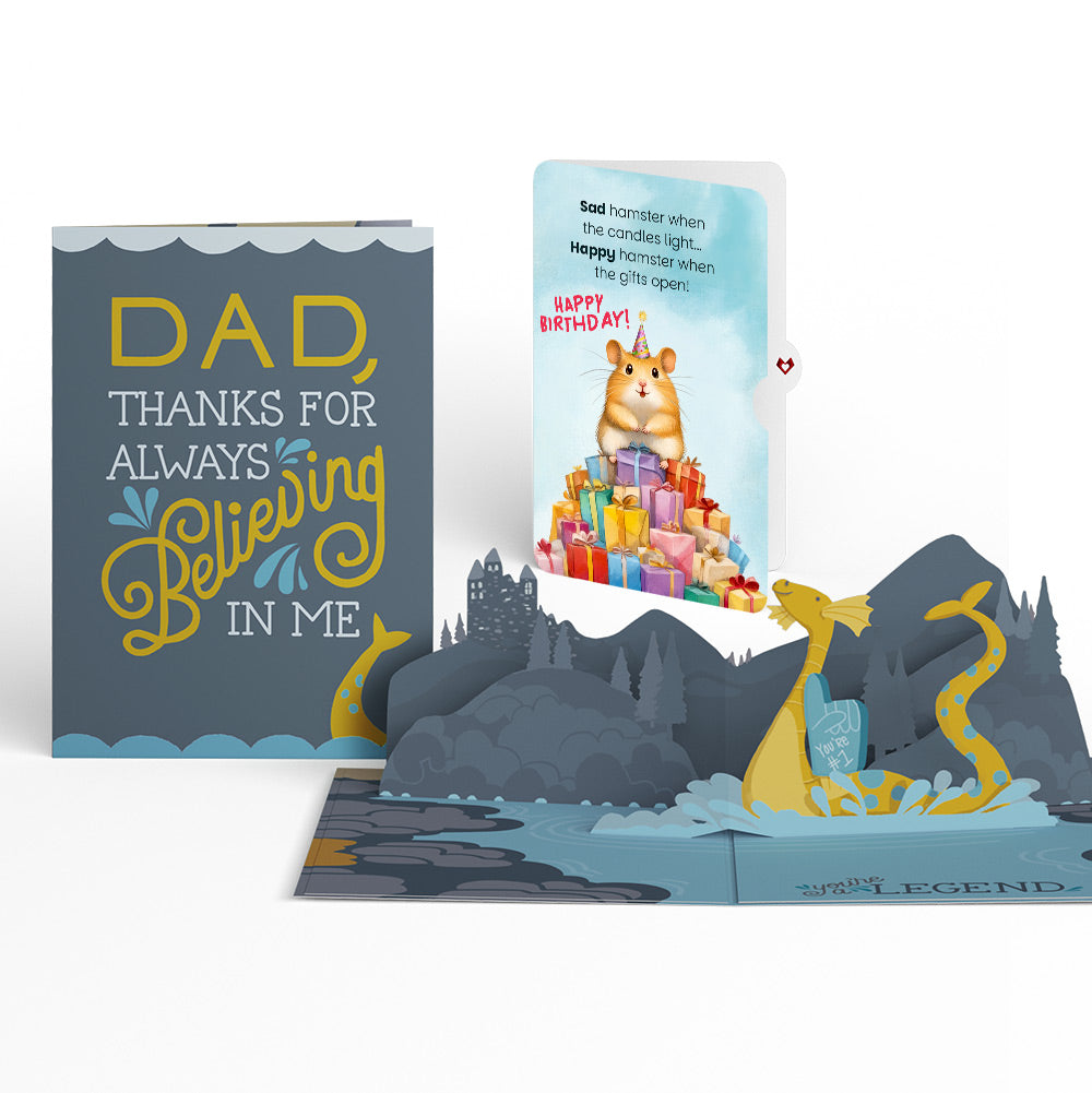 Dad You're a Legend Loch Ness Monster Birthday Pop-Up Card and Happy Hamster Sentiment Set