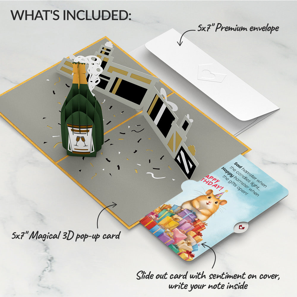 Champagne Celebration Birthday Pop-Up Card and Happy Hamster Sentiment Set