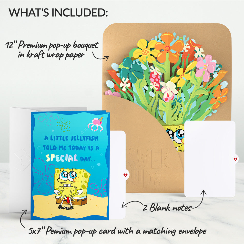 SpongeBob SquarePants Birthday Pop-Up Card & Flower Buds Bouquet Bundle