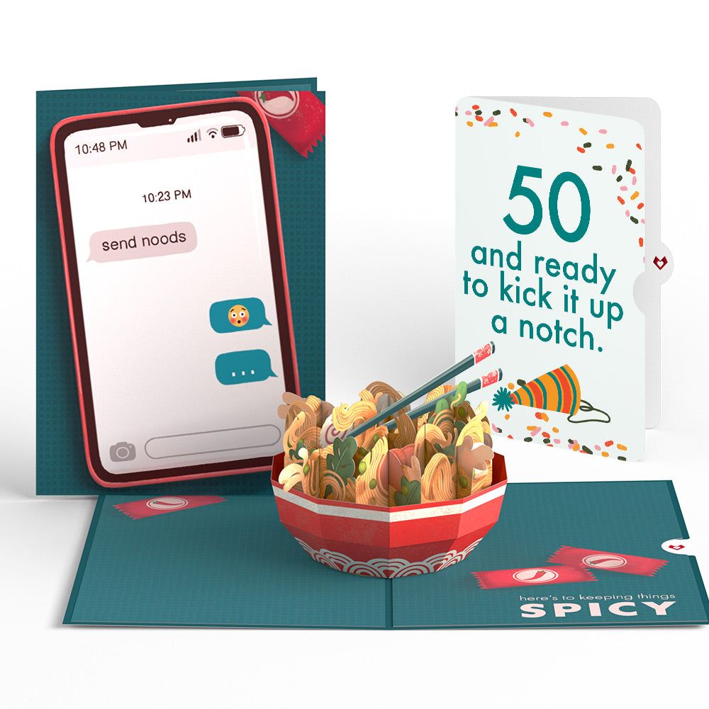 Send Noods Spicy Birthday Pop-Up Card and 50th Kick It Up Sentiment Set