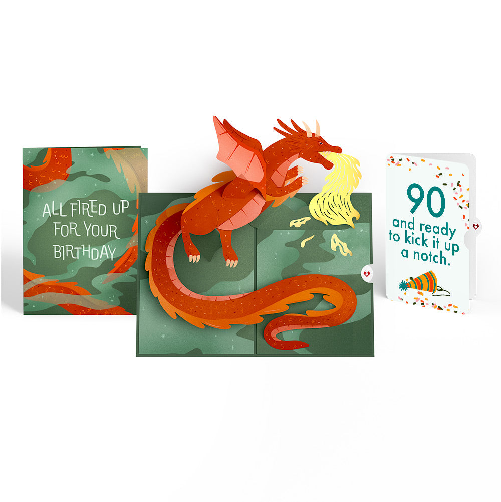 Fired Up for Your Birthday Dragon Pop-Up Card and 90th Kick It Up Sentiment Set