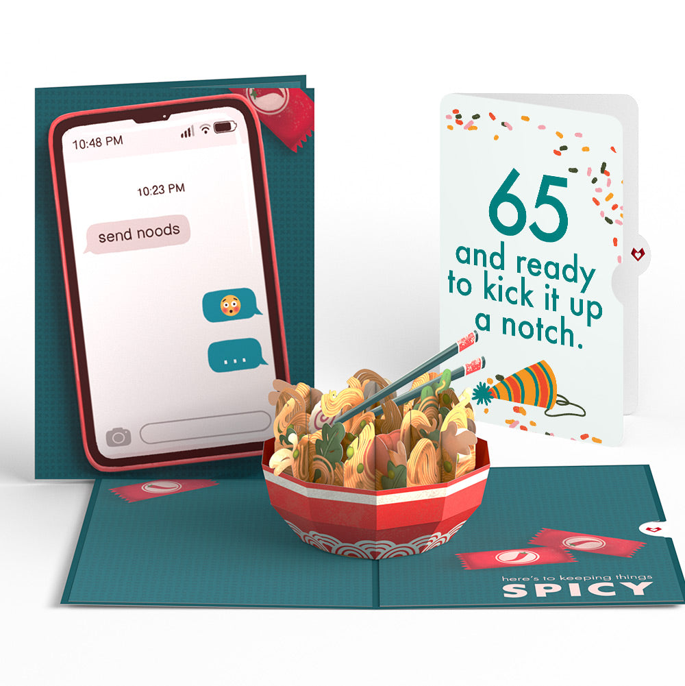 Send Noods Spicy Birthday Pop-Up Card and 65th Kick It Up Sentiment Set