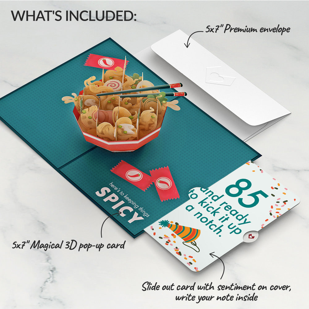 Send Noods Spicy Birthday Pop-Up Card and 85th Kick It Up Sentiment Set